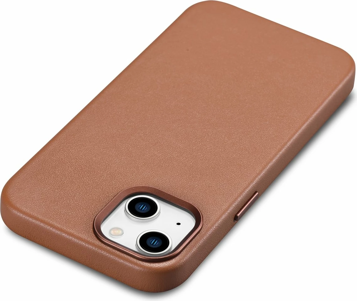 Mbështjellës iCarer për iPhone 14, lëkurë natyrale, MagSafe, Kafe