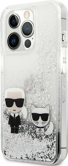 Mbështjellës Karl Lagerfeld Liquid Glitter Karl & Choupette për iPhone 13 Pro/13 6.1", argjendtë