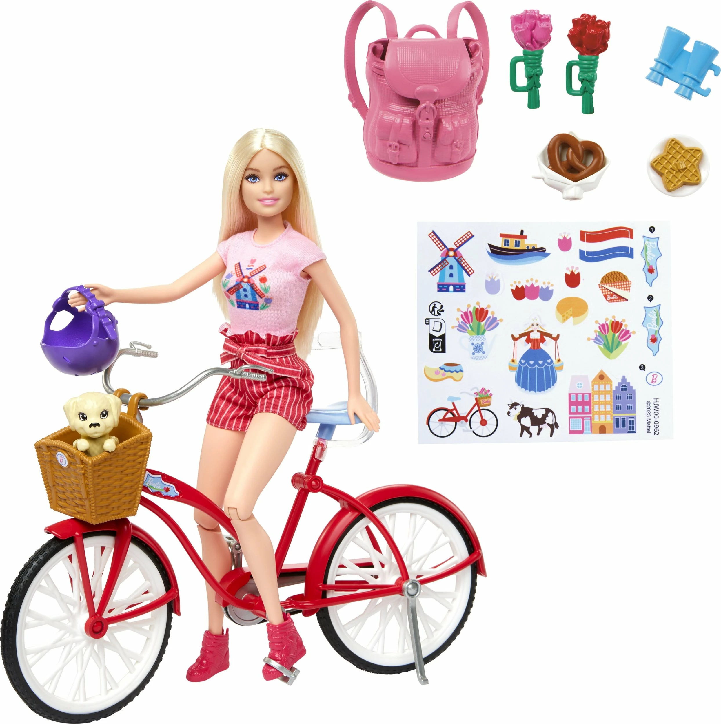 Kukull Barbie Mattel Pink Passport HWJ00 me biçikletë dhe këlysh, set