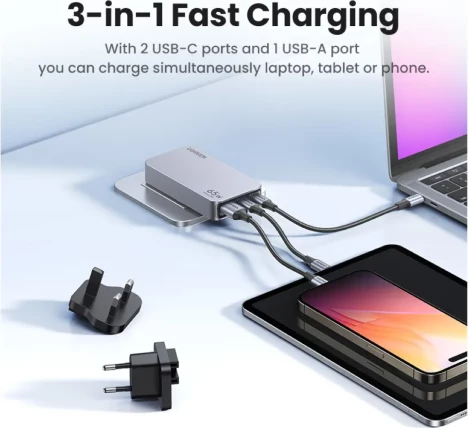 Karikues UGREEN Nexode Pro 65W, 3 porta USB (2x USB-C + 1x USB-A), GaN ultra i hollë, MPN 25356, gri