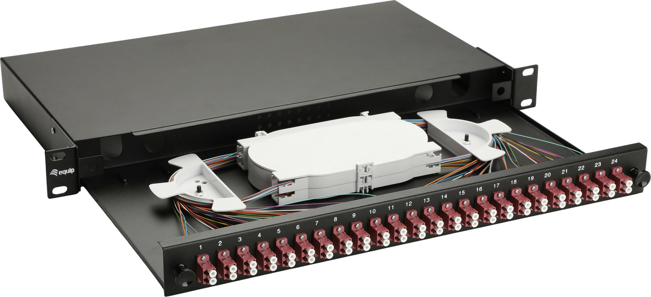 Panel splice fibër optike EQUIP 337214, 24 porta LC Duplex, OM4 MMF, 1U rack, i zi