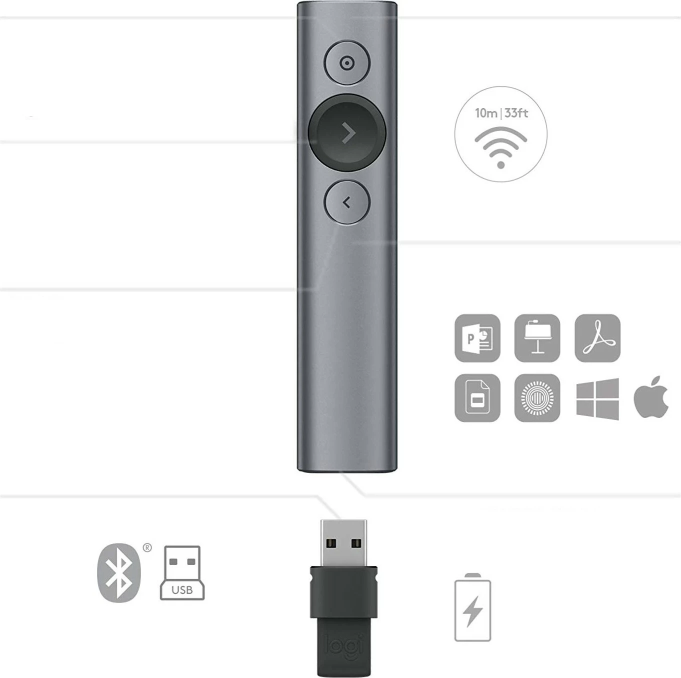 Telekomandë prezantimi Logitech Spotlight, Bluetooth/RF, USB, 30 m, Gri