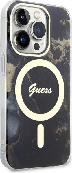 Mbështjellës Guess GUHMP14XHTMRSK për iPhone 14 Pro Max 6.7", Golden Marble, MagSafe, zi