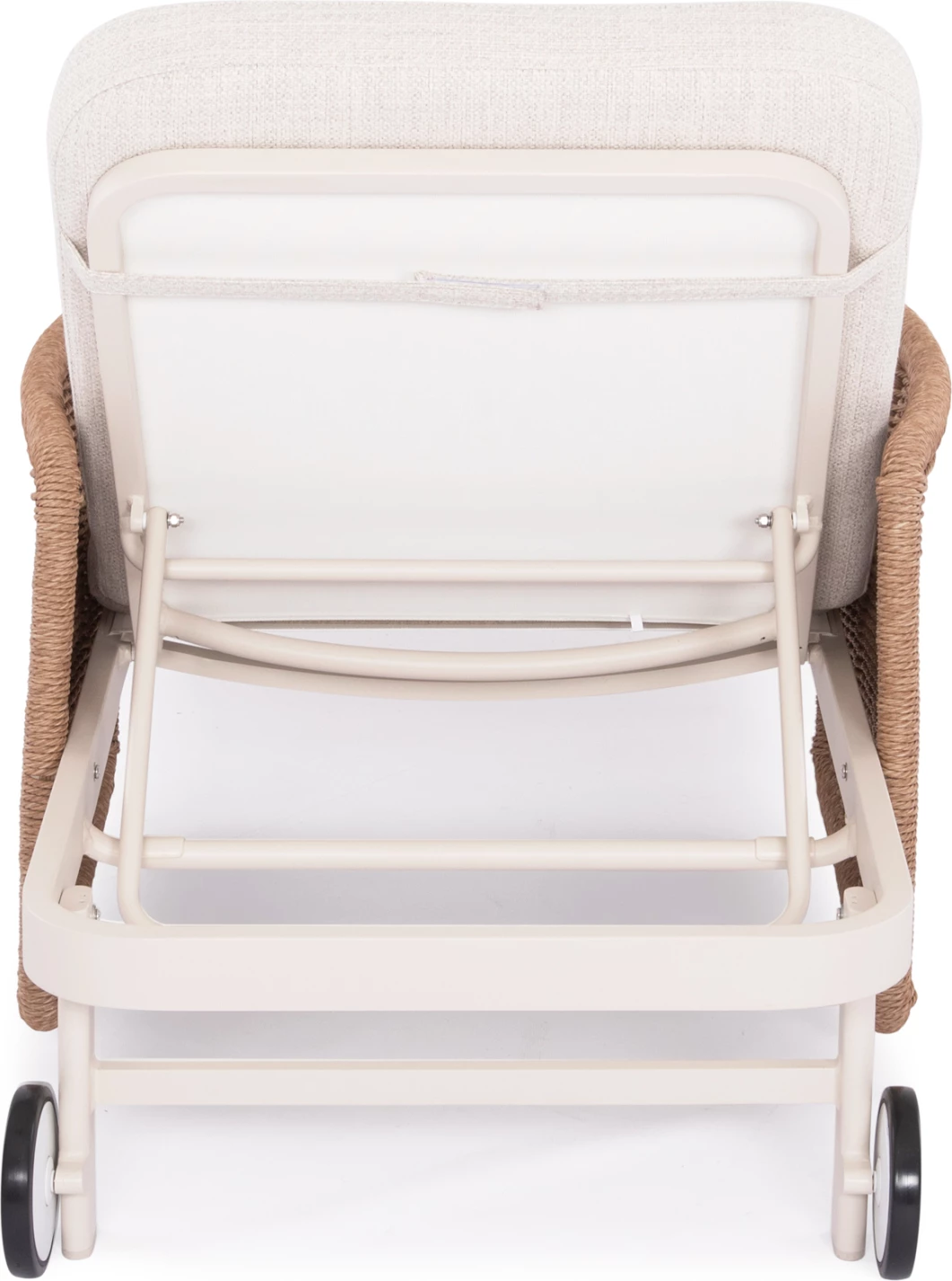 Shezlong alumini, ngjyrë fildishi, ratan natyral, jastëk bezhë, 205.5x86x58-104H