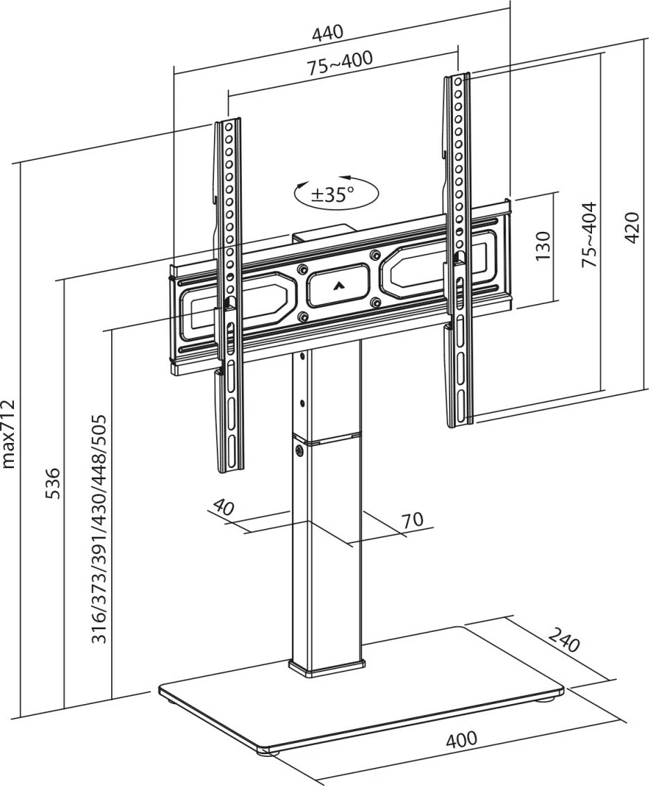 Mbajtëse TV tavoline, Maclean MC-1240, 32–65", deri 40 kg, VESA 75x75–400x400, rrotullim ±35°, e zezë