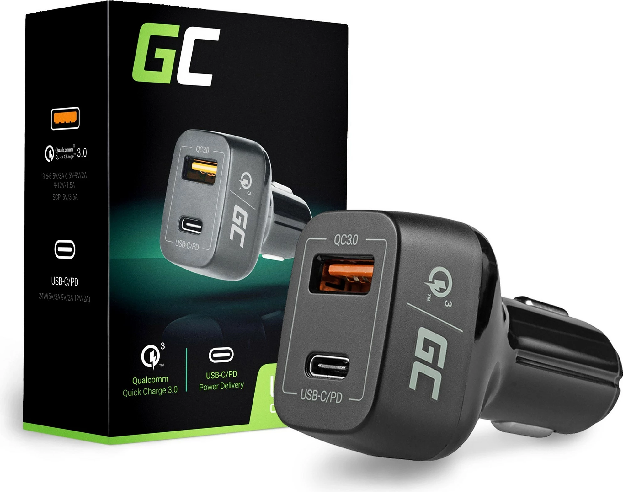 Karikues për veturë Green Cell, USB-C PD + USB-A QC 3.0, 42W, i zi
