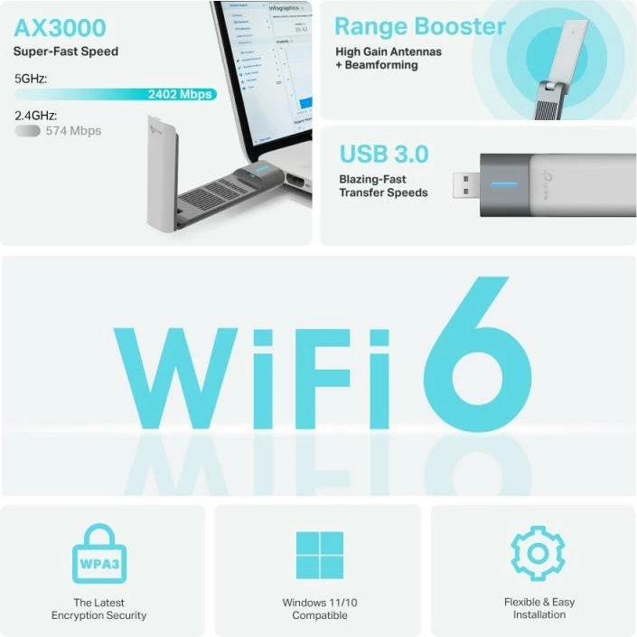 Adapter Wi‑Fi USB TP-Link Archer TX50UH, me bazë dhe kabllo, i zi