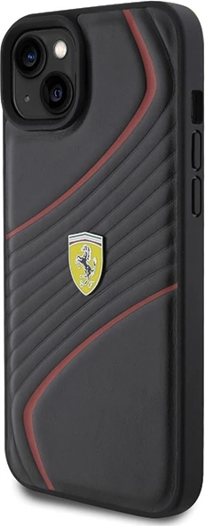 Mbështjellës Ferrari Twist Metal Logo për iPhone 15 Plus, e zezë