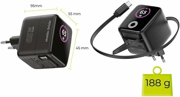 Karikues Mobile Origin PW3 (MO-65WDCH-PW3) 65W GaN, TFT display, 1x USB-A + 1x USB-C, kabllo USB-C e integrume, i zi