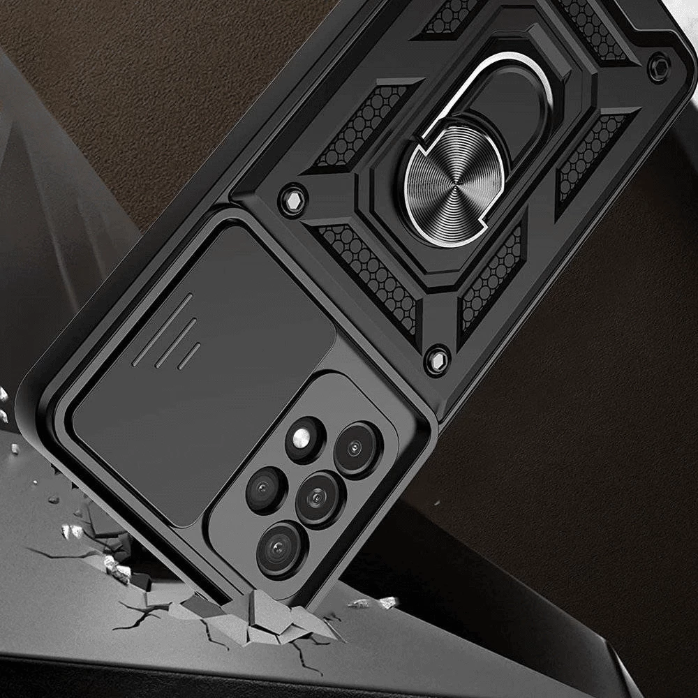 Mbështjellës ONASI Armor Ring për Samsung Galaxy S24 Plus 5G, me mbrojtje kamere me slider, me unazë/mbajtëse dhe stand, i zi