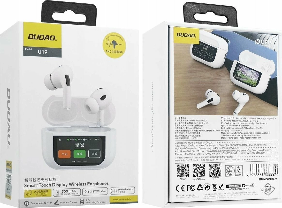 Kufje Dudao U19 TWS Bluetooth 5.3 me ANC, LED display, USB-C, deri 68h, të bardha