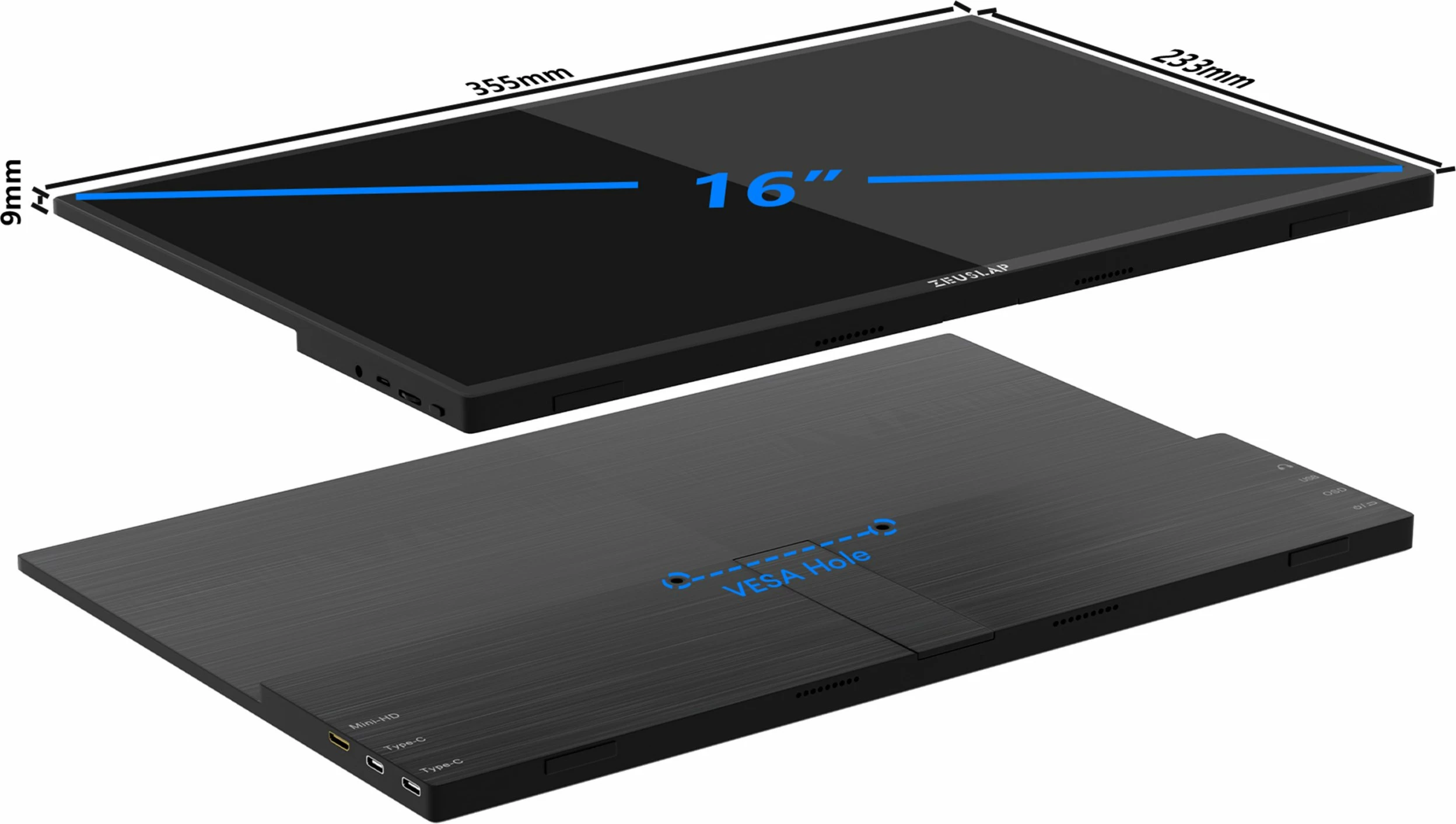 Monitor portativ Zeuslap P16T 16" WUXGA IPS touchscreen 60Hz, i zi, set me kabllo dhe mbështjellës