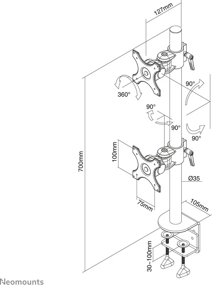 Krah monitori Newstar Neomounts FPMA-D700DV, për 2 monitorë, 10-27 inç, rregullim lartësie, kapëse, e zezë