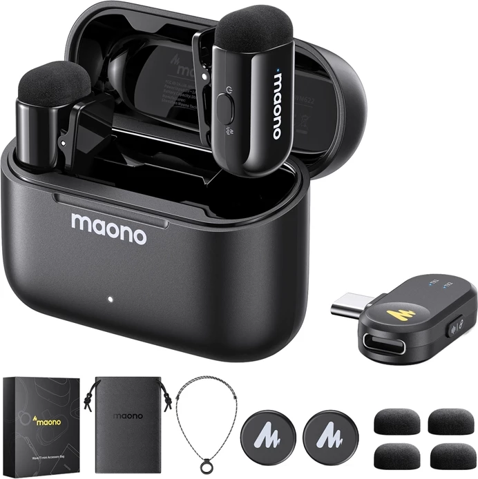 Mikrofon wireless, Maono WM622 PC2, për iPhone/iPad, MFi, 100 m, 48kHz/16-bit, 30 orë me kuti karikimi, 2 transmetues, zi