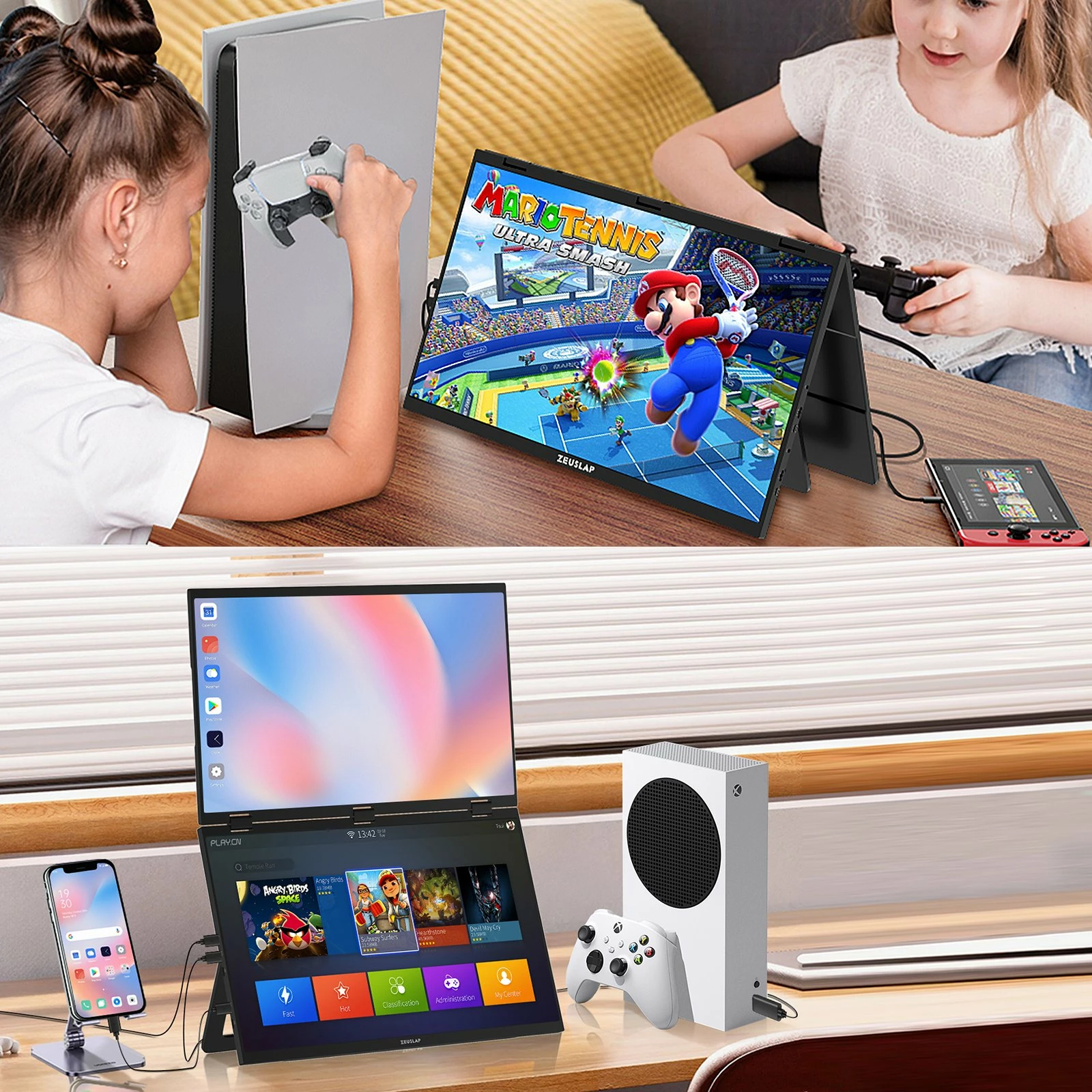 Monitor portativ Zeuslap Z18W, dy ekrane 18.5\" FHD IPS 120Hz, USB-C, i zi, set