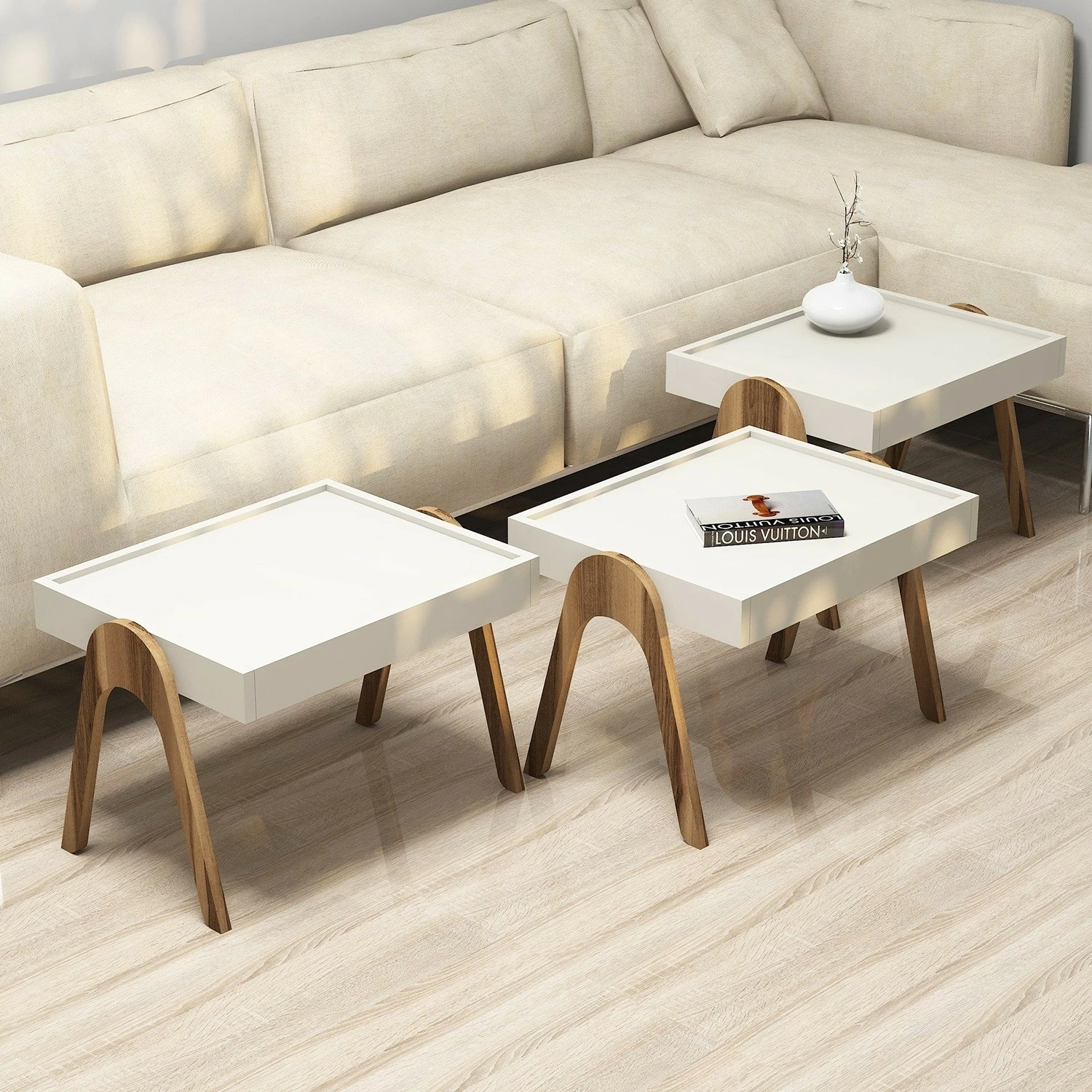 Set tavolinash të vendosshme Hanah Home, Roma, ngjyrë arre dhe krem (3 copë)