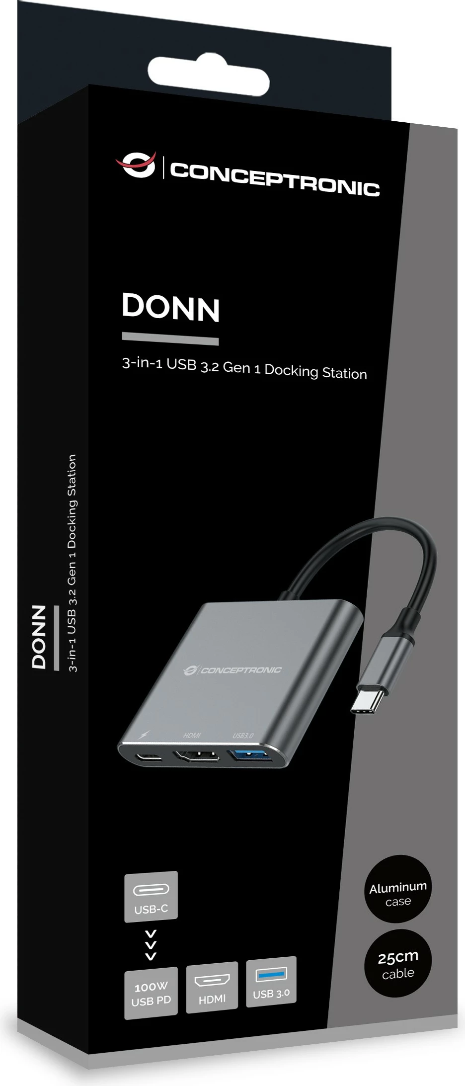 Stacion dokimi Conceptronic 3-1 USB-C në HDMI/USB-A/100WPD 25cm gri