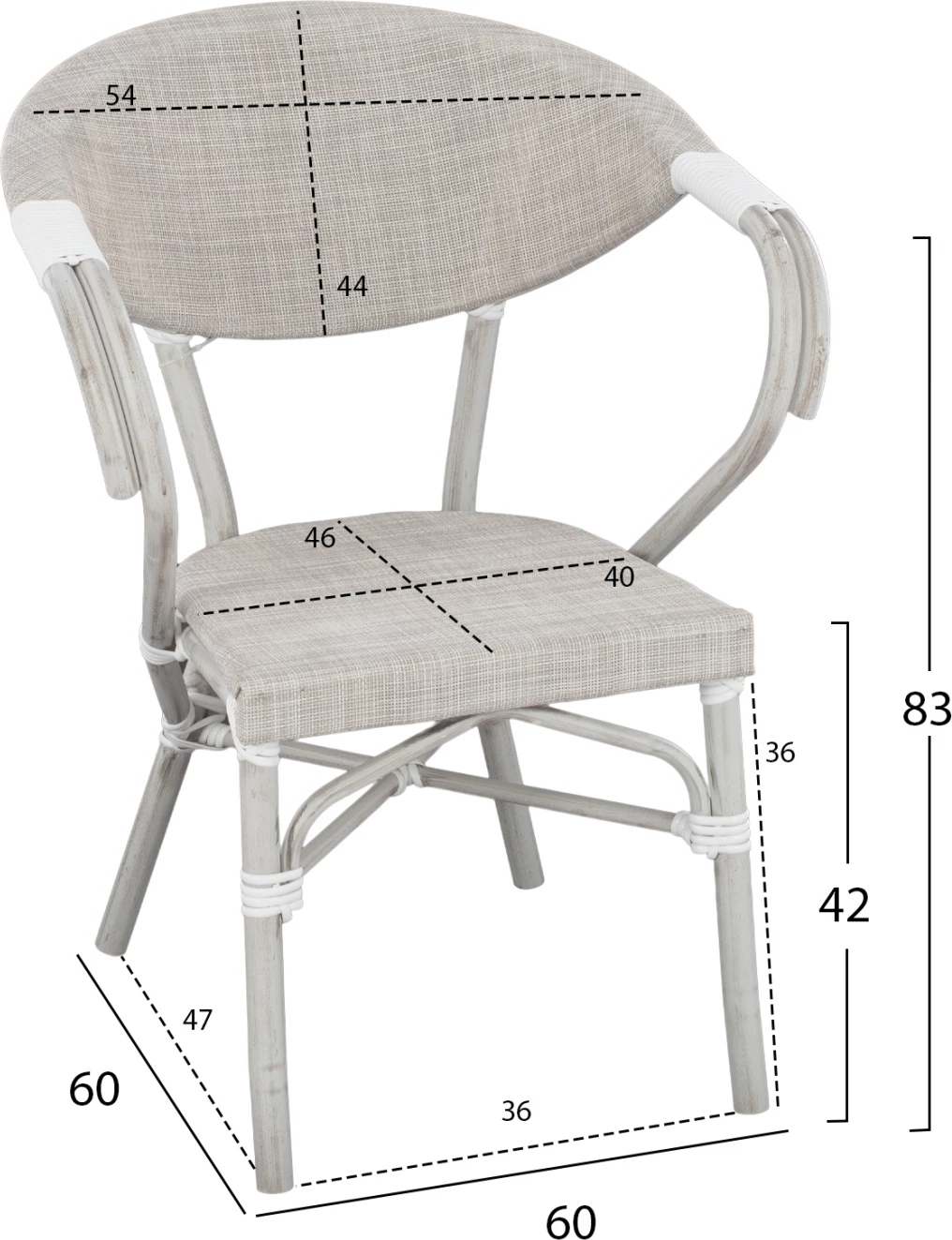 Karrige alumini pamje bambu, gri patinë, me tekstilene, FH5108, 57x57x83 cm