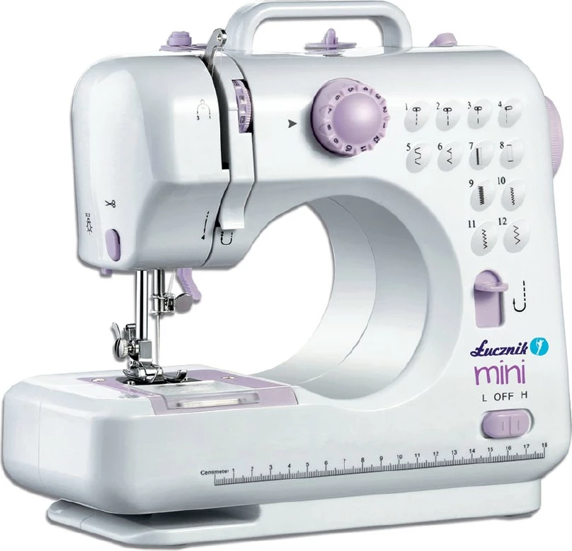 Makine qepëse, Łucznik, Mini, 12 qepje, kapës rrotullues, krah i lirë, ushqim 6V ose 4x AA, e bardhë