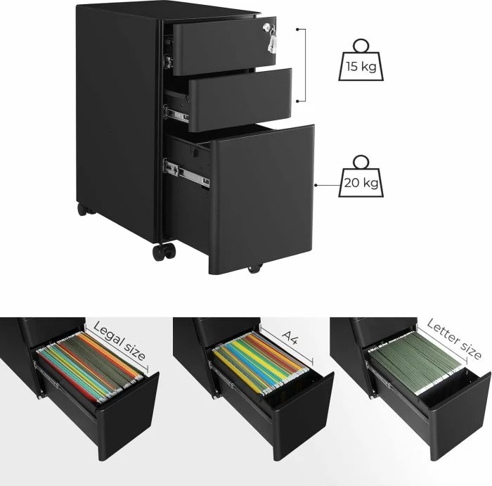 Komodinë zyre me 3 sirtarë me rrota SONGMICS OFC030B01, çelik, me kyç, 30 x 46 x 59 cm, e zezë