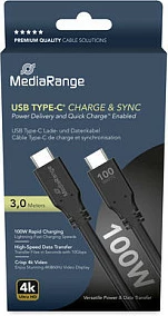 Kabllo USB-C në USB-C MediaRange MRCS218, 3m, 100W PD 3.0, 10 Gbit/s, e zezë