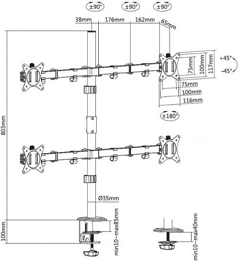 Mbajtëse monitori EQUIP për tavolinë 4x 17"-32", VESA 75/100, 9kg secili, e zezë