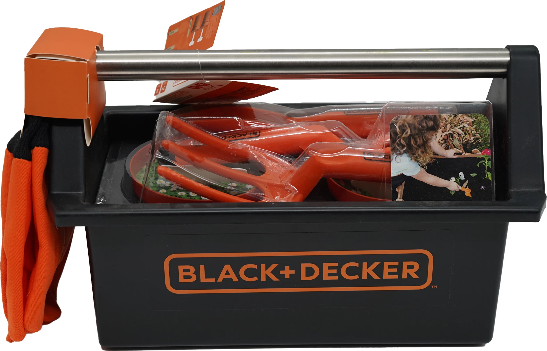 Set veglash kopshtarie për fëmijë Black&Decker SGH013-BD, 3+ vjeç, me kuti, doreza, grabujë, mistrí, lopatë e vogël, pirun, 2 vazo, 2 tabela shënimi, portokalli/zi