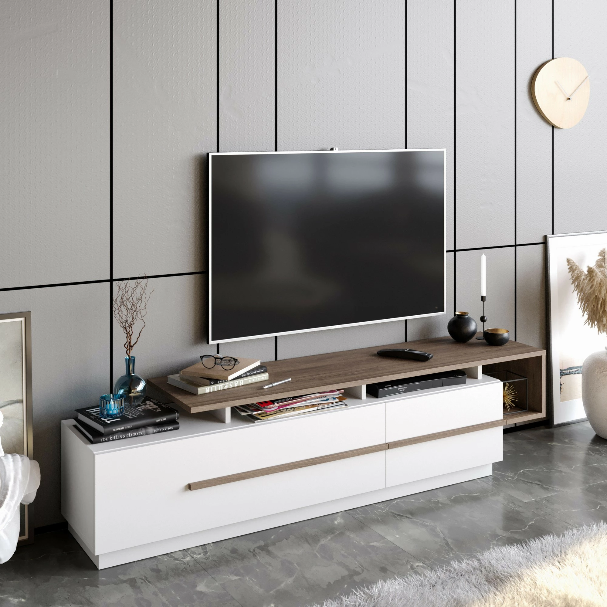Komodë TV Hanah Home, Pia, ngjyrë arrë dhe e bardhë