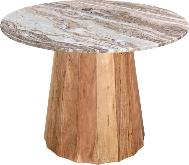 Tavolinë e rrumbullakët, dru akacie i fortë, sipërfaqe mermeri, ngjyrë natyrale, D120x76cm