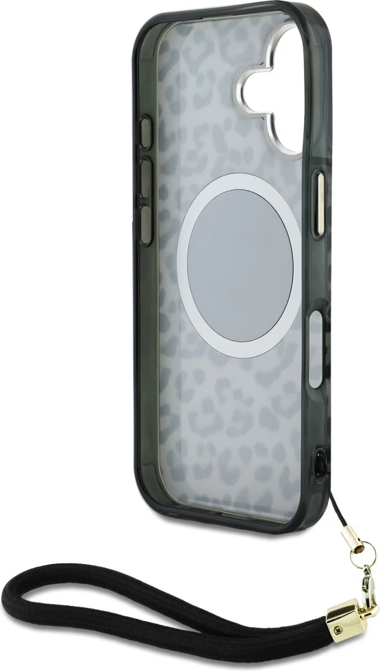 Mbështjellës Guess HC IML Leopard Triangle Cord Strap për iPhone 16, MagSafe, i zi