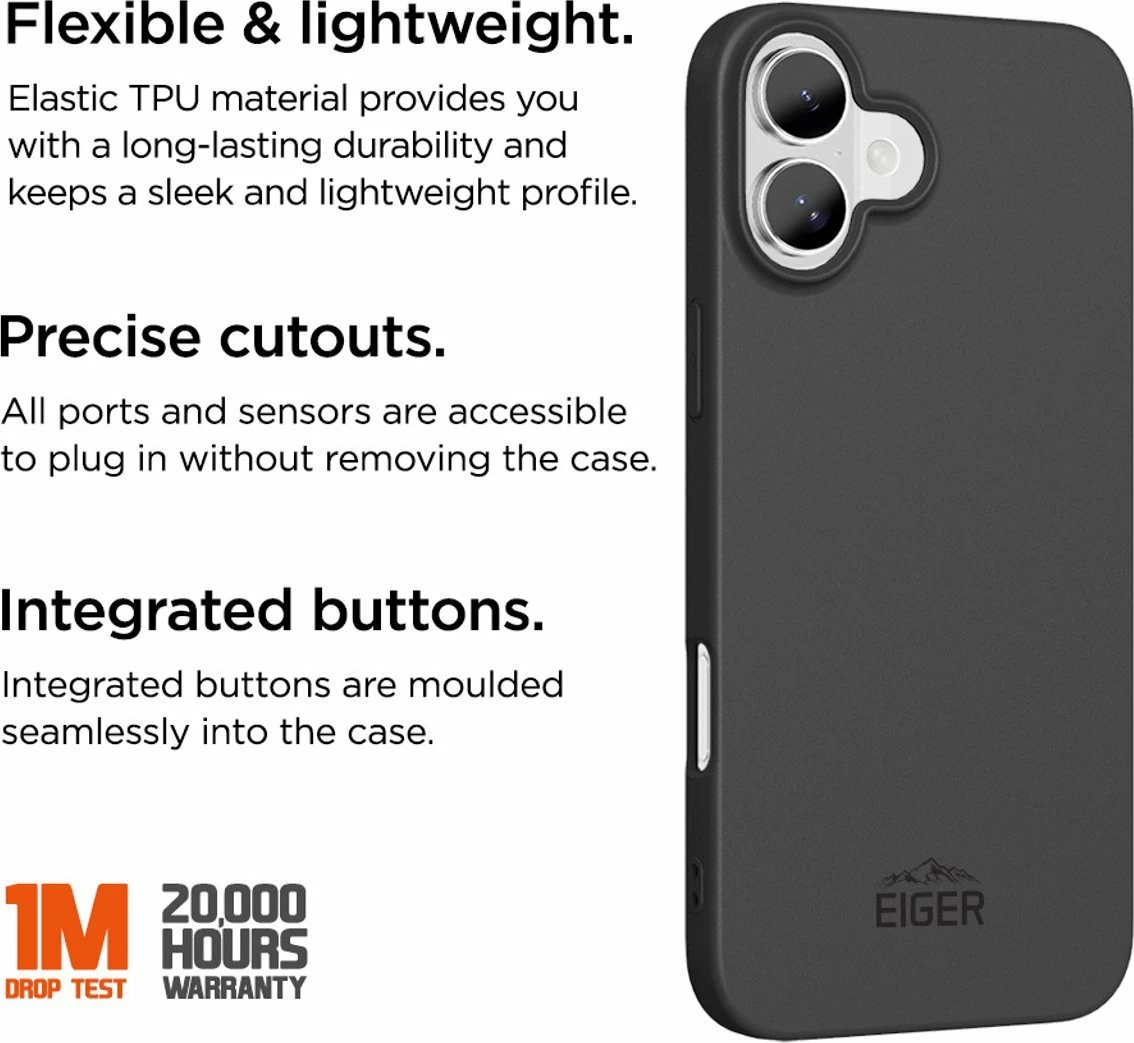 Mbështjellës Eiger Grip për iPhone 16 Plus, plastikë fleksibile, pa karikim induktiv, i zi