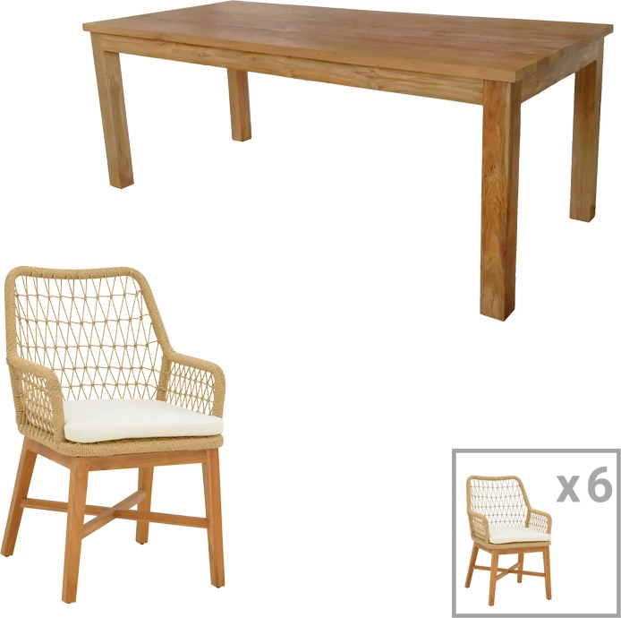 Tavolinë me karrige 7 copë, Elaiza-Wooly, dru tik, ngjyrë natyrale-bezhë, 220x90x75cm