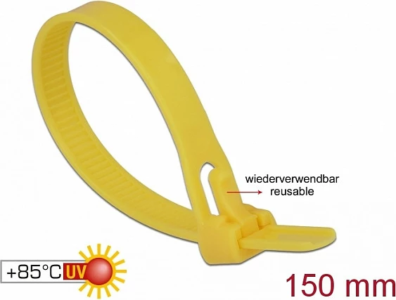 Lidhëse kabllosh (zip-tie) DeLOCK 18760, 150 mm, 7.5 mm, 100 copë, të lirueshme, të verdha