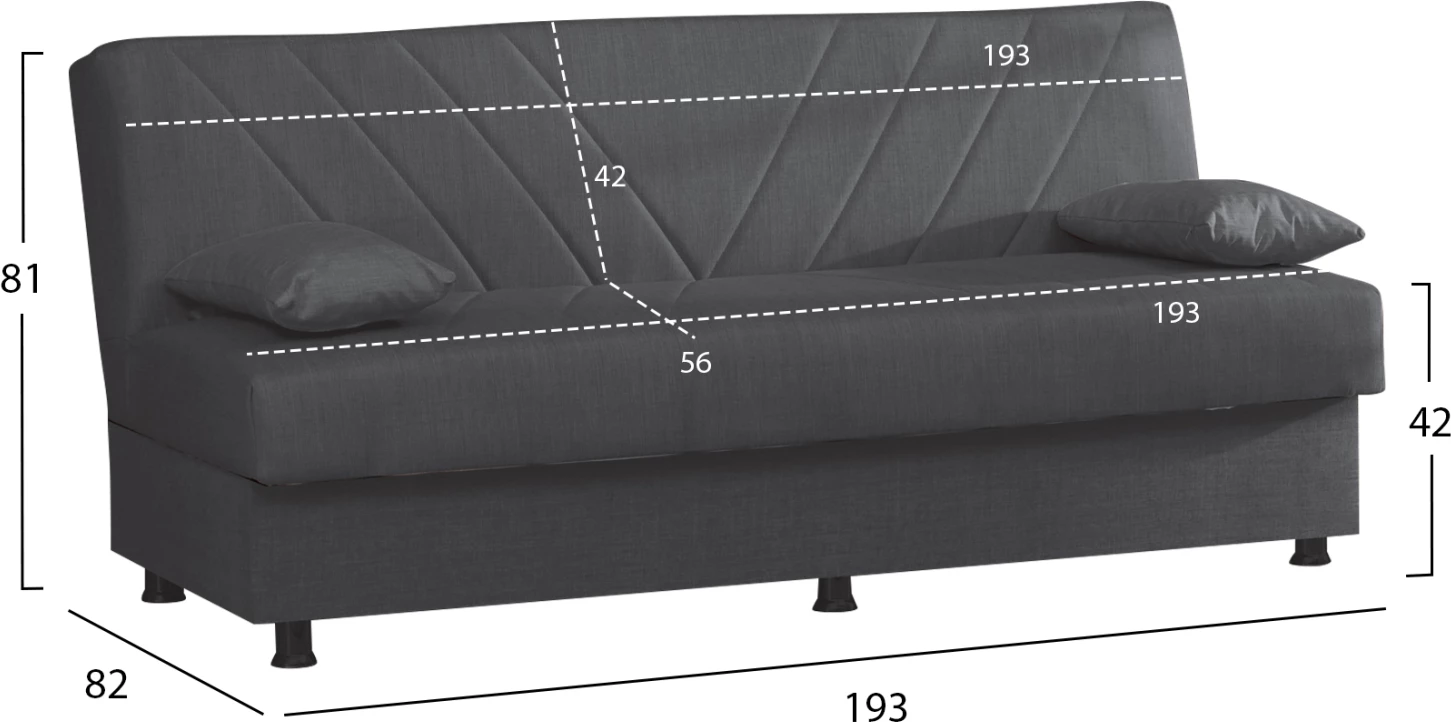 Divan shtrat 3-vendësh ANDRE FH3271.03, pëlhurë antracit, 193x82x81H cm