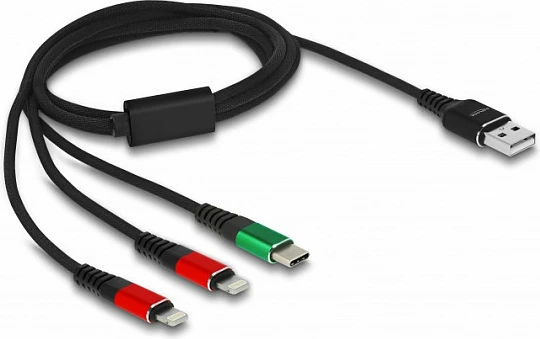 Kablë karikimi DeLOCK 3-në-1 USB-A në 2x Lightning dhe USB-C, 1 m, USB 2.0, 3A, e zezë/jeshile/kuqe