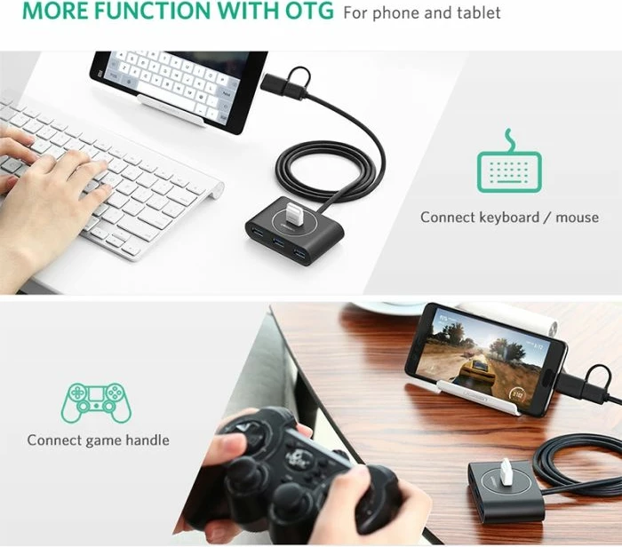 USB 3.0 hub, UGREEN 40850, 4x USB-A, me adapter USB-C 3.1 OTG, kabllo 1m, i zi, në kuti