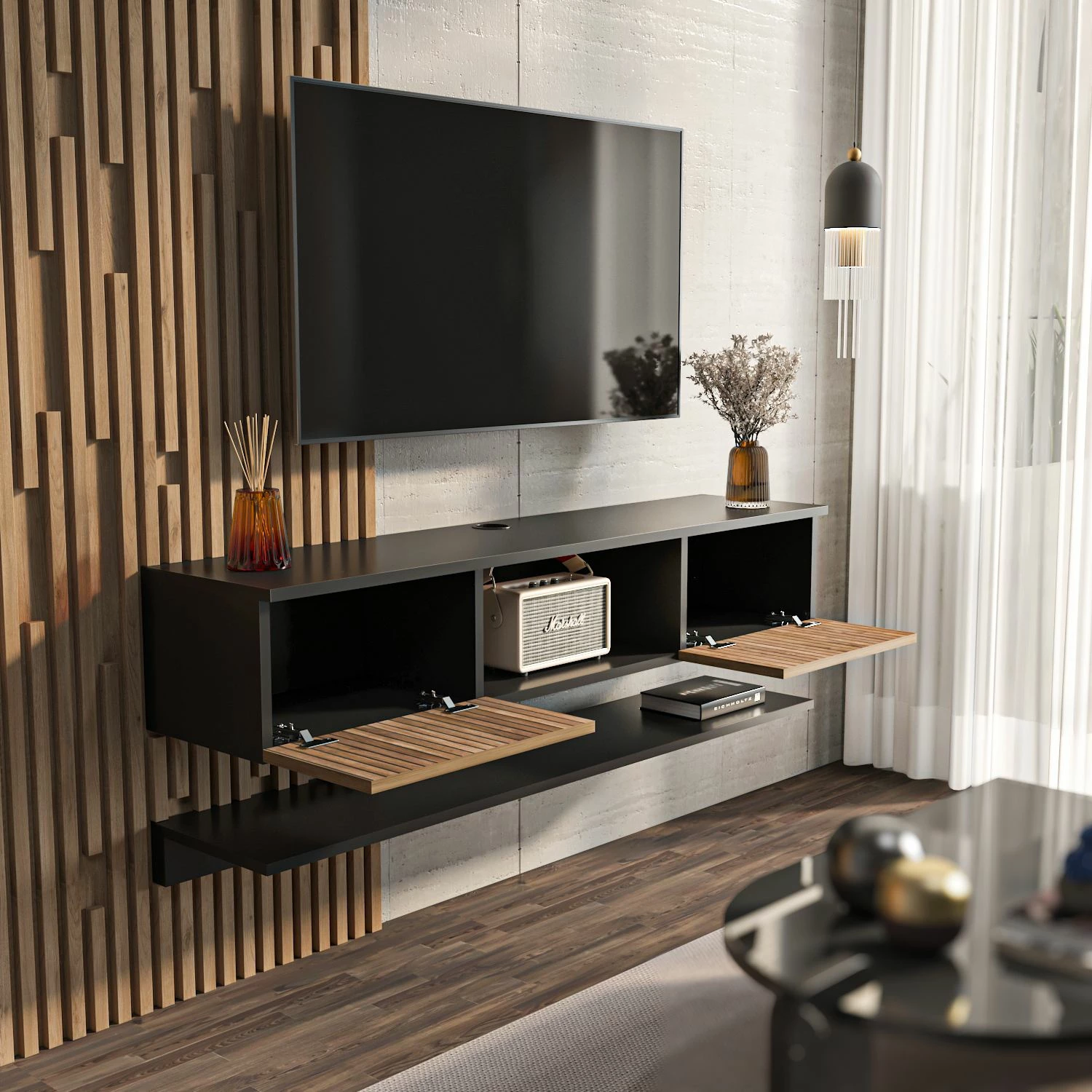 Komodë TV Skye Decor Elia, dru, e zezë