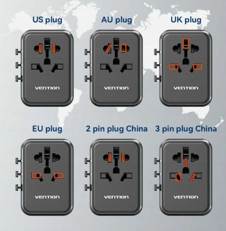 Adapter universal udhëtimi me karikues Vention 65W, i zi