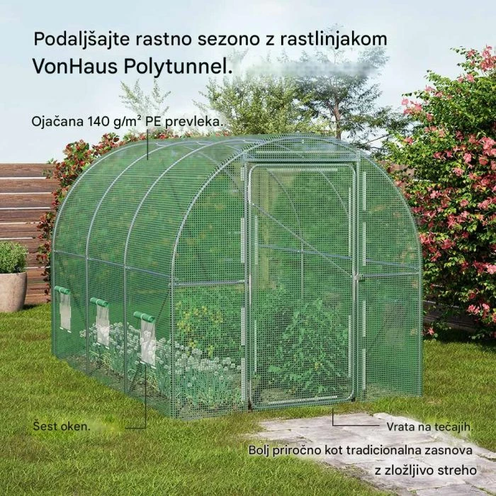 Serë tunel VONHAUS 2502067 200x200x300 cm, mbulesë PE 140 g/m², kornizë çelik i galvanizuar, set me 4 kunja + 4 litarë, e gjelbër