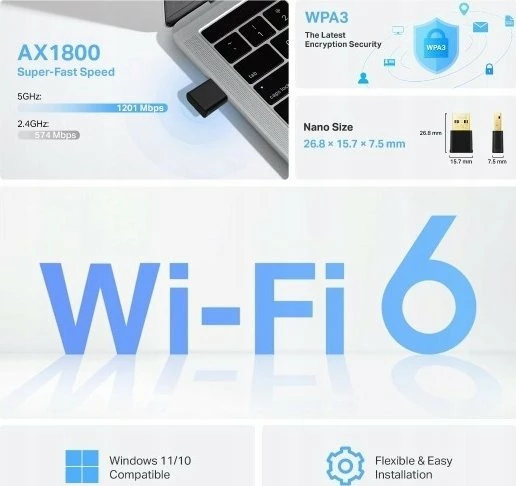 Adapter Wi‑Fi USB TP-Link Archer TX20U Nano, Wi‑Fi 6, 1800 Mbps, USB 2.0, i zi