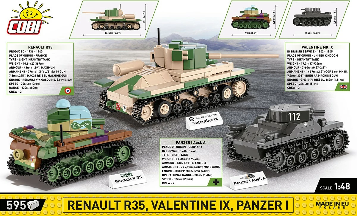 Set lodrash ndërtimi Cobi Klocki 2740 Renault R35, Valentine IX, Panzer I, 595 pjesë