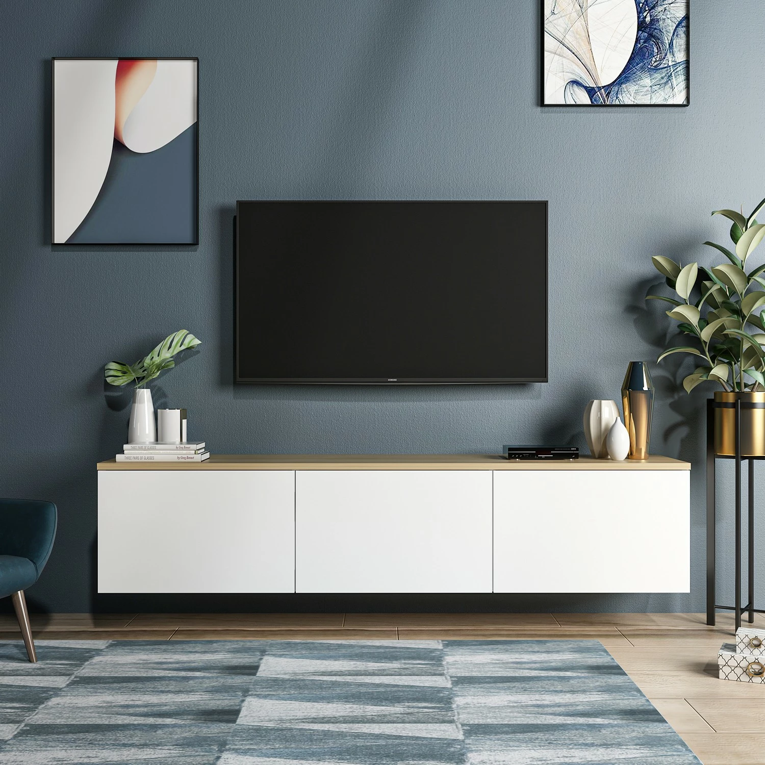 Komodë TV Skye Decor, ngjyrë neon e bardhë dhe lis