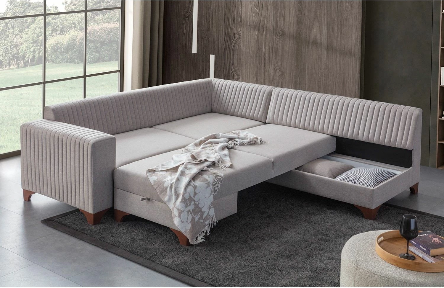 Kënd divan-krevat, ngjyrë krem, Atelier del Sofa, West Right, me 6 jastëkë