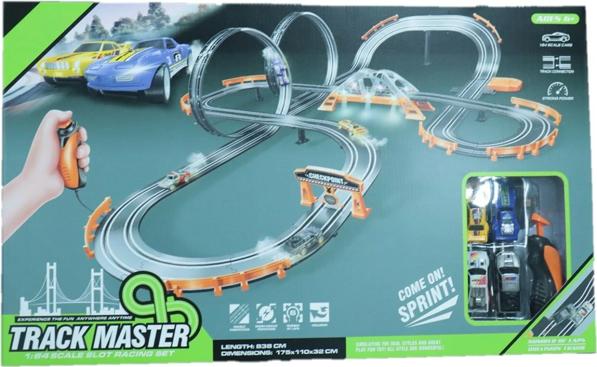 Pistë garash 1:64, Madej 011480, gjatësia 838 cm, 2 unaza, 4 makina, me urë të ndriçuar, shumëngjyrëshe