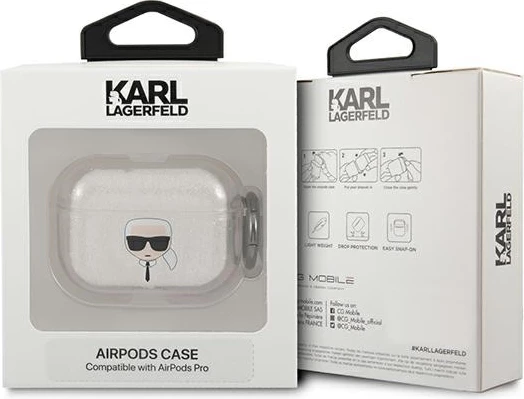 Mbështjellës për AirPods Pro Karl Lagerfeld Karl’s Head KF000835-0 TPU me glitter me unazë karabiner, Silver