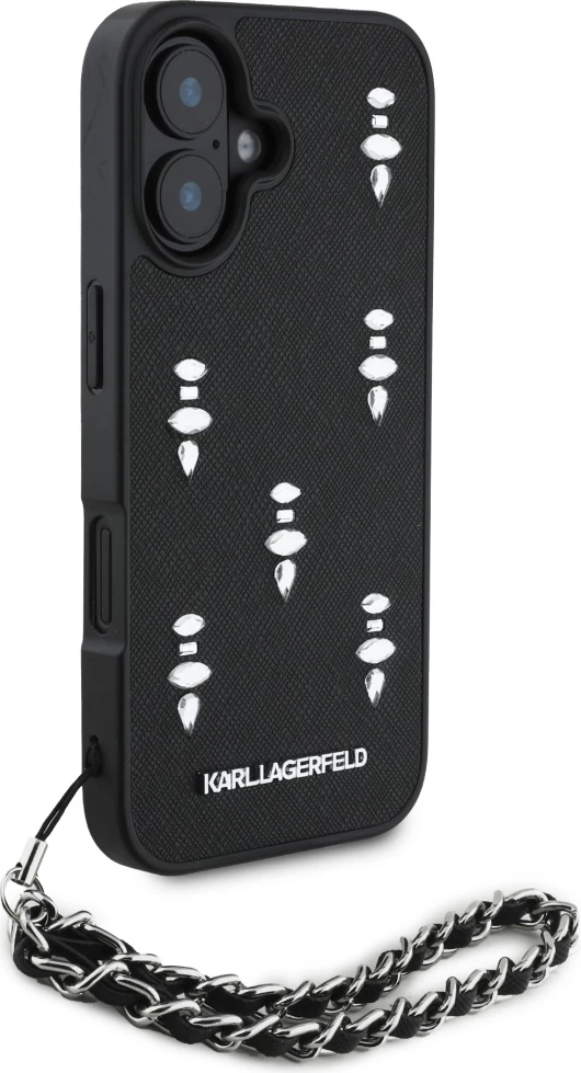 Mbështjellës Karl Lagerfeld Saffiano Crystals me zinxhir për iPhone 16, i zi