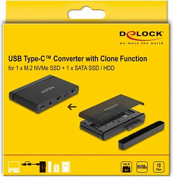 Konvertues USB-C DeLOCK për M.2 NVMe + SATA, funksion klonimi, USB 3.2 Gen 2, 0.3 m, i zi