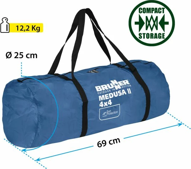 Pavilion kampingu BRUNNER Medusa II 0102030N.C30 400x400 cm, bardhë/gri me çati blu, me çantë ruajtjeje