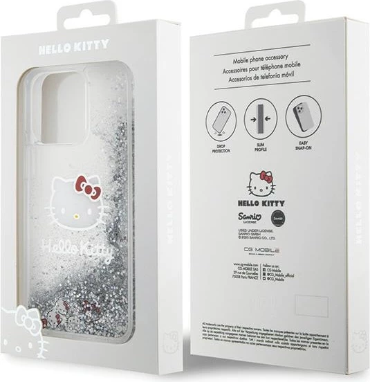 Mbështjellës Hello Kitty Liquid Glitter Charms Kitty Head për iPhone 15 Pro Max, argjendtë