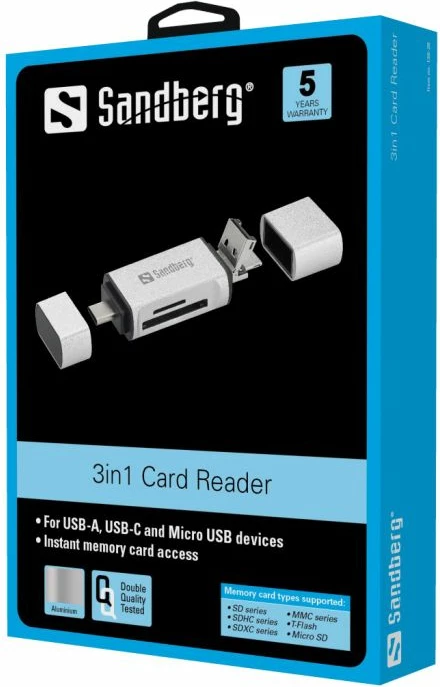 Lexues kartelash Sandberg 136-28 USB-C + USB-A + MicroUSB, SD/MicroSD, alumini, argjendtë/bardhë